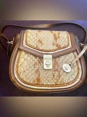Brahmin Lizzie Crossbody SaddleBag Croc Embossed Ivory Brown Leather NWOT Rare